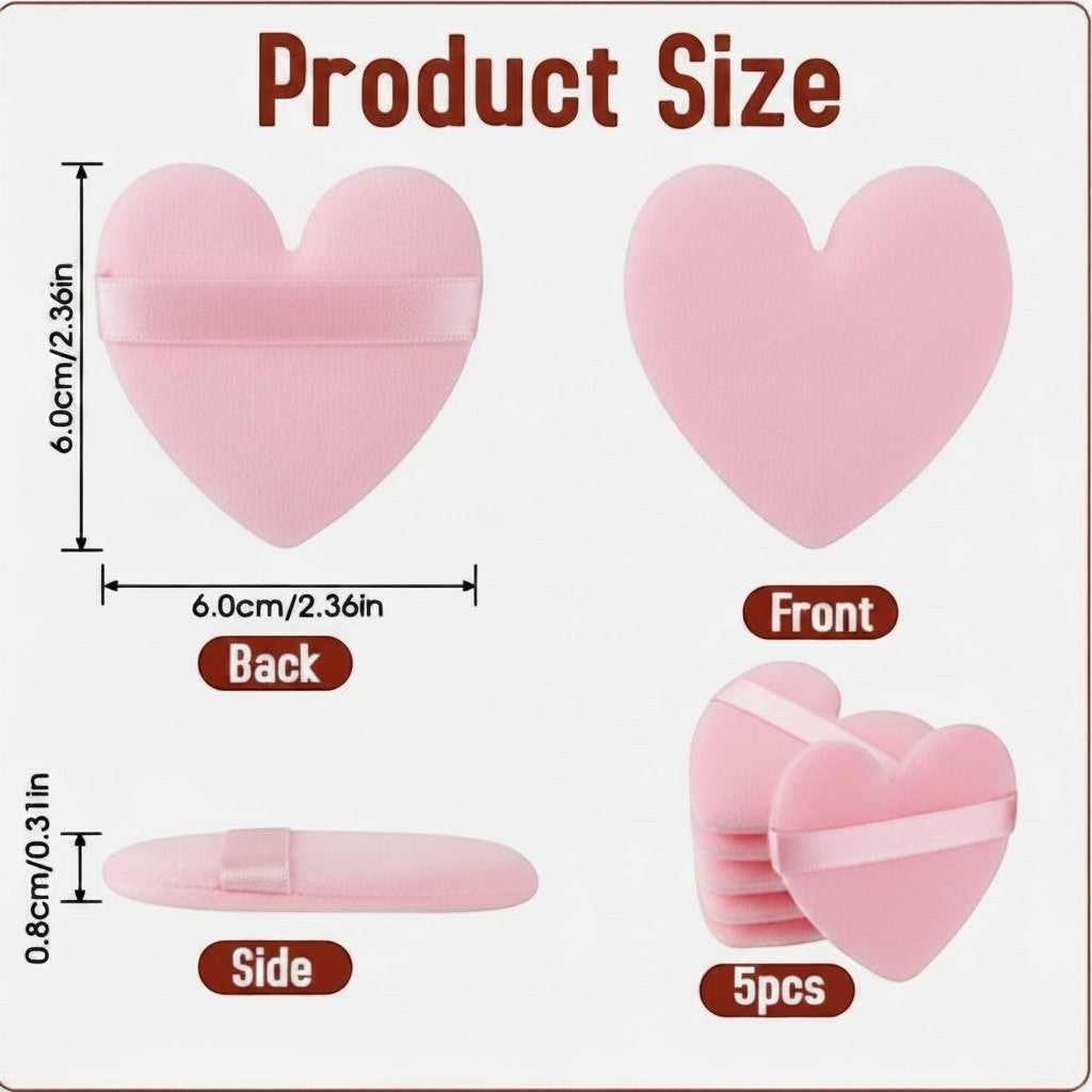 Bella Beauté pink heart-shaped powder puffs, 5-piece set, soft and reusable for flawless makeup application.