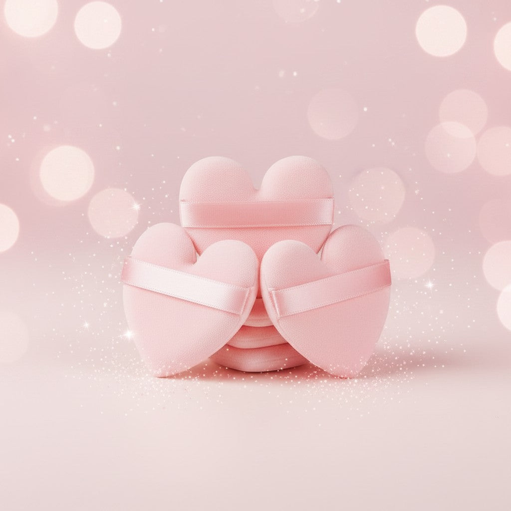 Bella Beauté pink heart-shaped powder puffs with satin ribbon, set of 5, for flawless makeup application.
