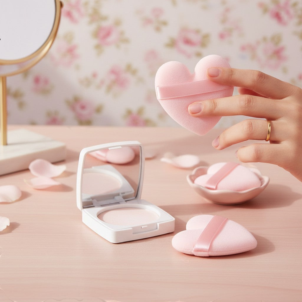 Bella Beauté pink heart-shaped powder puffs with satin ribbon, set of 5 for flawless makeup application.