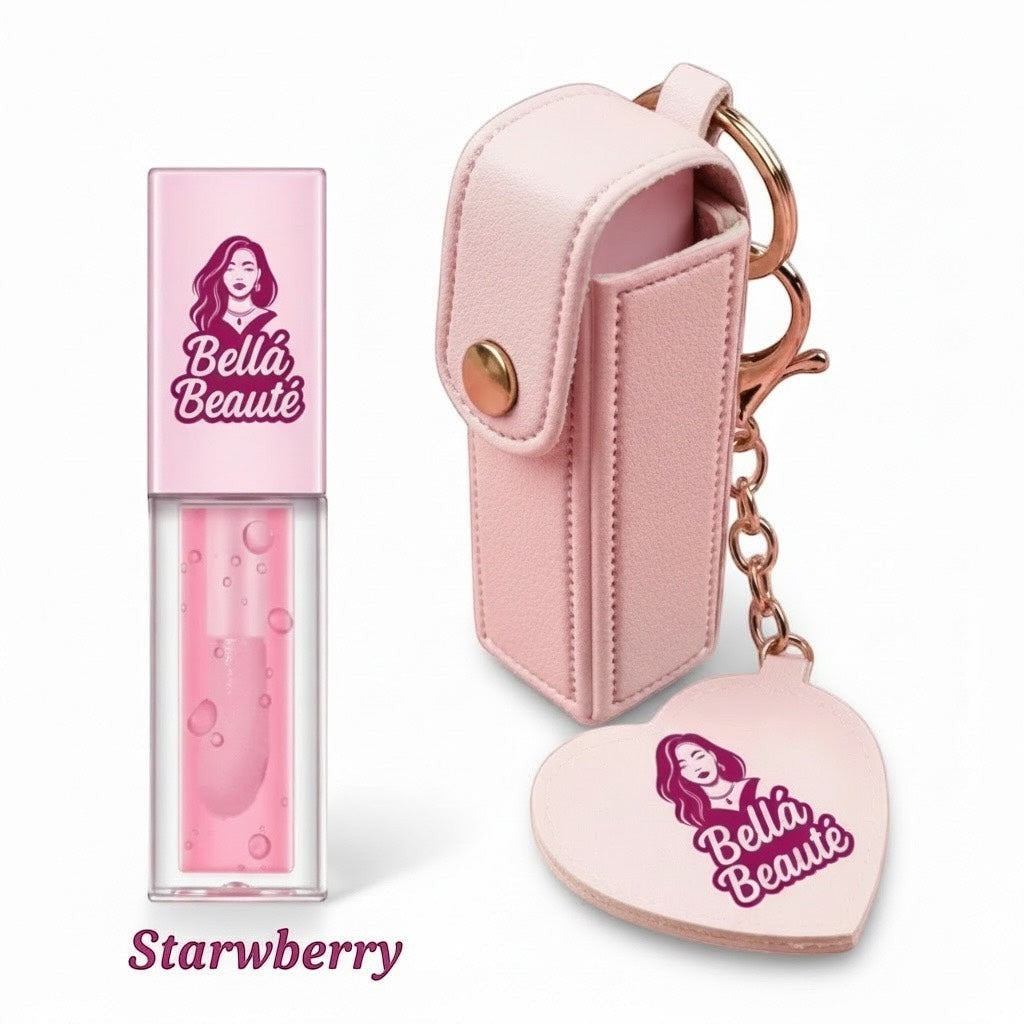 Bella Beauté pink lip oil keychain with mirror and Starberry flavored lip oil.