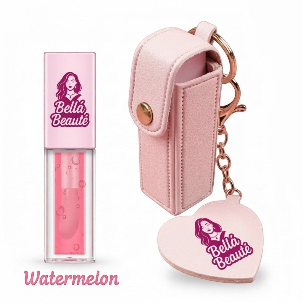 Bella Beauté pink lip oil keychain with mirror, watermelon flavor, hydrating and tinted.