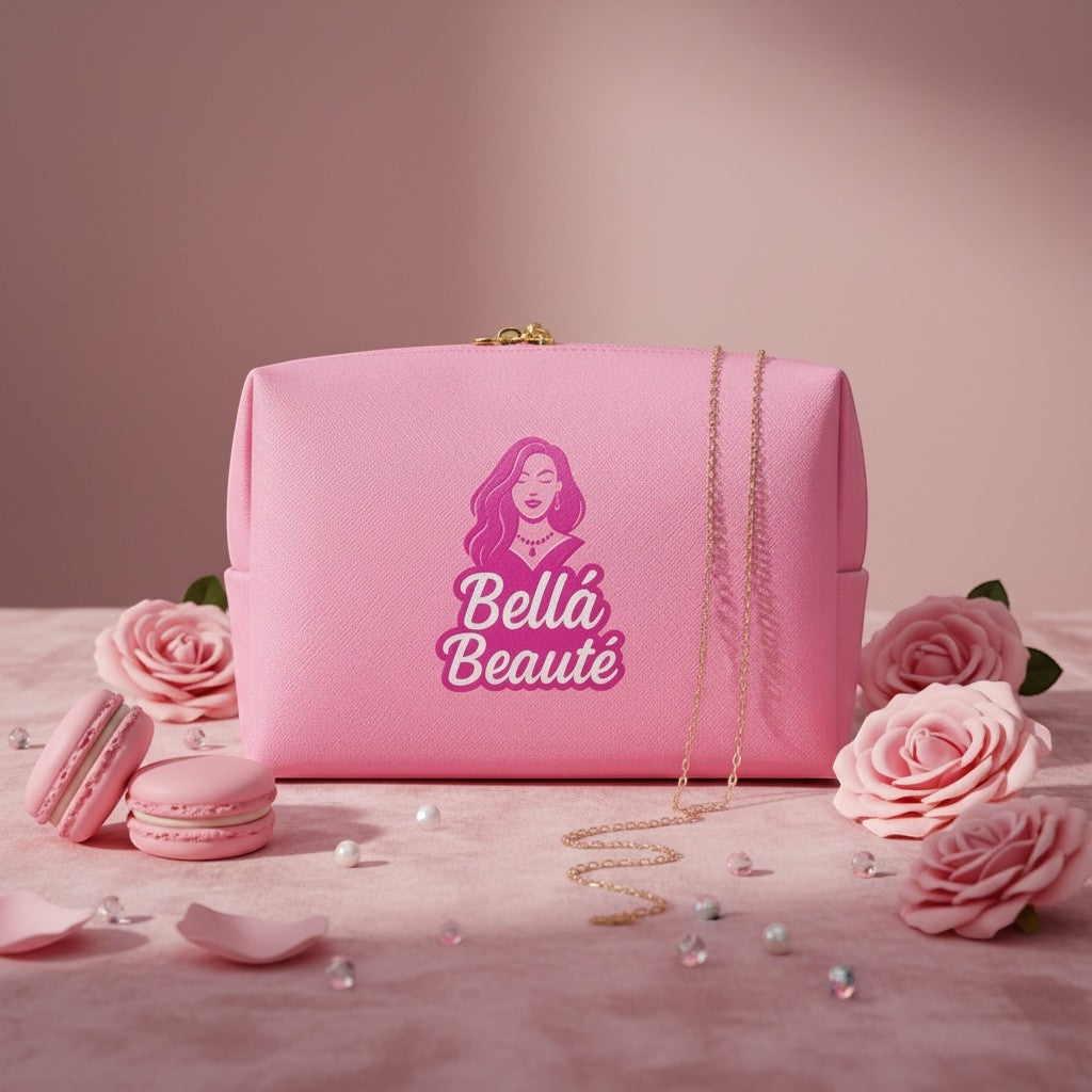Bella Beauté pink medium makeup bag with dual-toned design, gold zipper, and logo. Surrounded by pink roses and macarons.