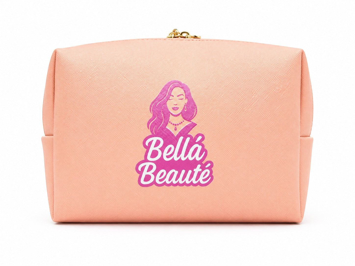 Bella Beauté pink and peach dual-toned makeup bag with smooth zipper closure and soft lining, featuring the brand logo.