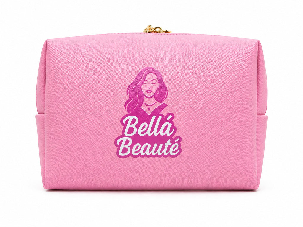 Bella Beauté pink and peach dual-toned medium makeup bag with a graphic of a woman and the brand logo.