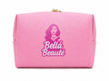Bella Beauté pink and peach dual-toned medium makeup bag with a graphic of a woman and the brand logo.