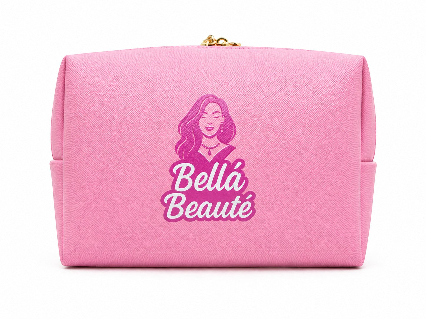 Bella Beauté pink and peach dual-toned medium makeup bag with a graphic of a woman and the brand logo.