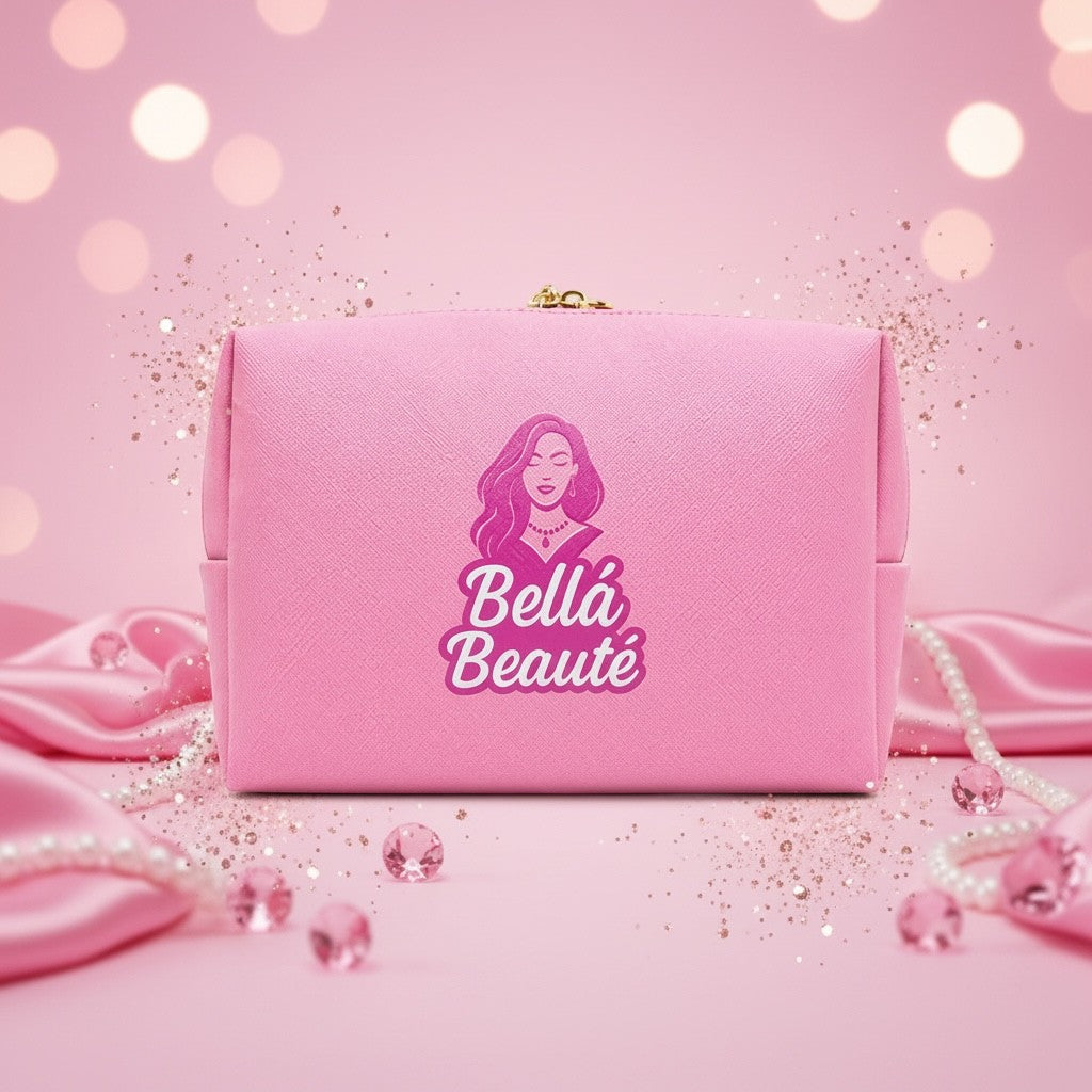 Bella Beauté pink and peach medium makeup bag with dual-toned design and gold zipper, perfect for everyday glam.