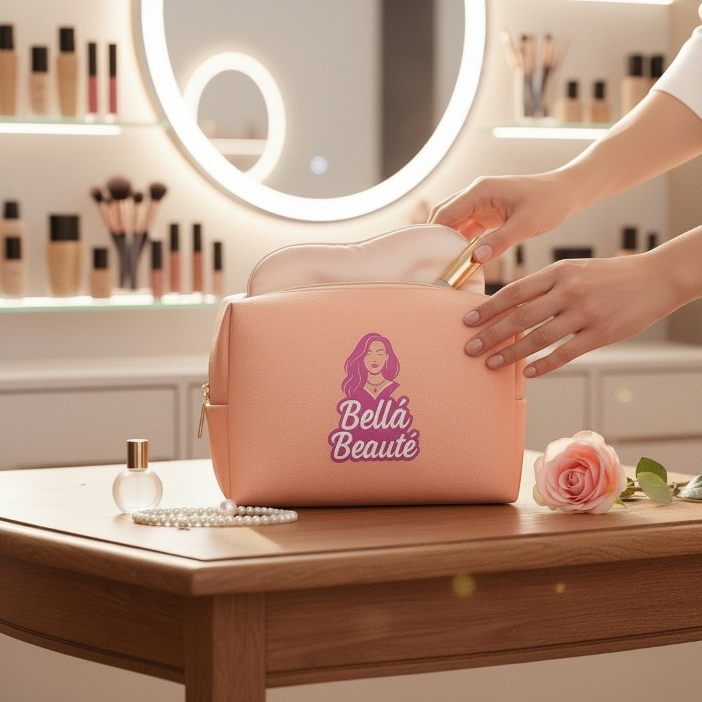 Bella Beauté pink and peach medium makeup bag with zipper closure and logo. Hands placing a makeup brush inside.