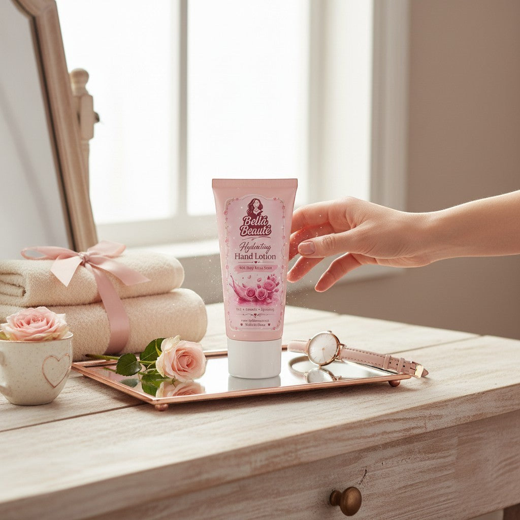 Bella Beauté pink tube of Silky Touch Korean Hand Lotion with rose graphics, held by a woman's hand.