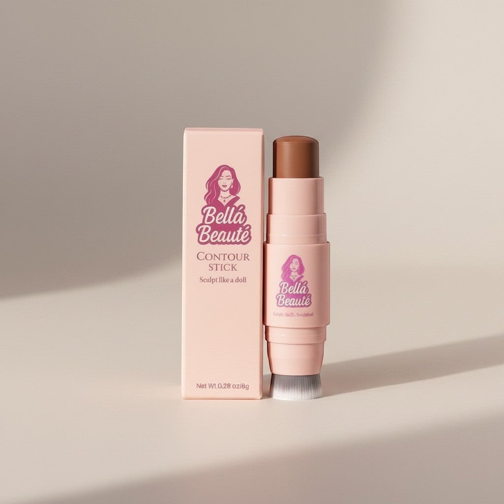 Bella Beauté MeltBlend Contour Stick in Soft Bronze with built-in brush for seamless sculpting.