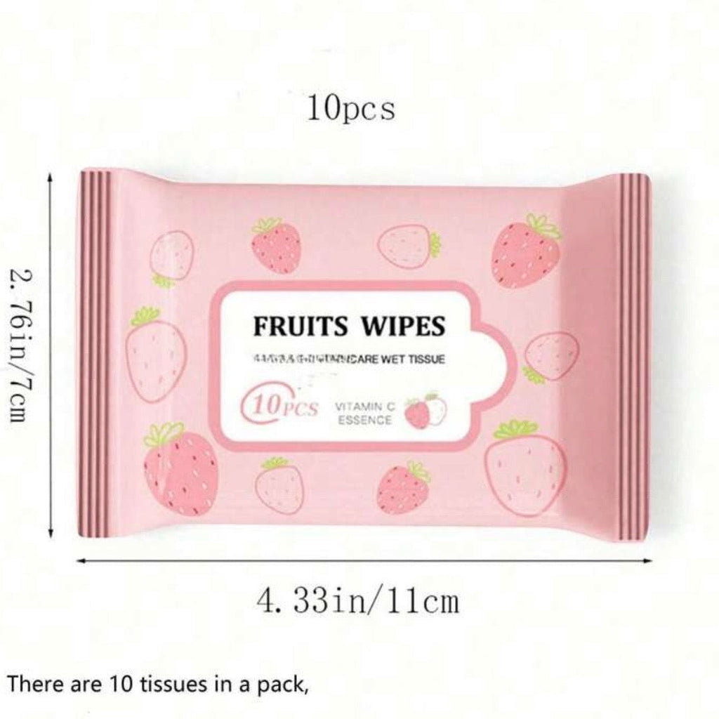 Bella Beauté pink strawberry fruit wet wipes, travel size pack with 10 wipes infused with Vitamin C essence.