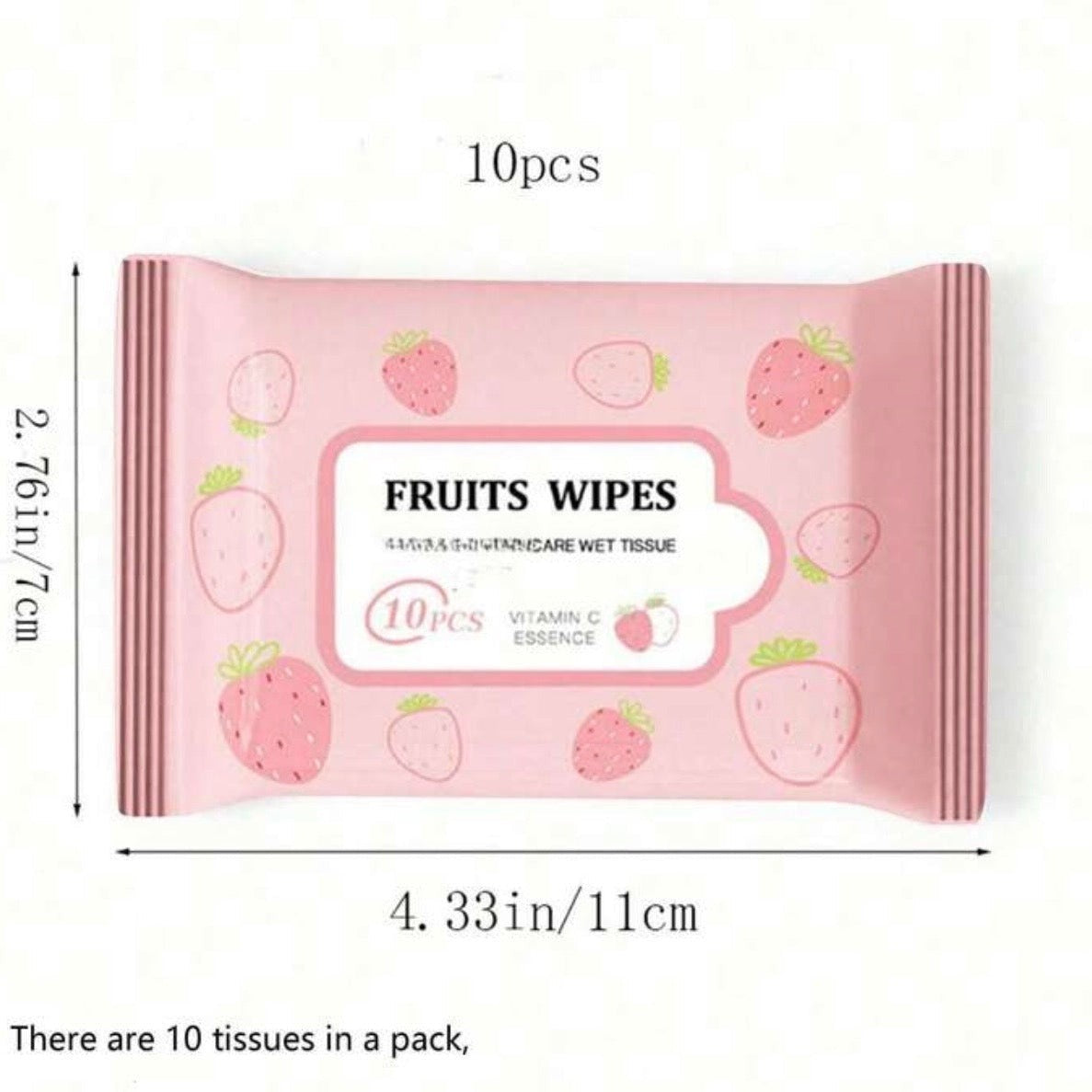 Bella Beauté pink strawberry fruit wet wipes, travel size pack with 10 wipes infused with Vitamin C essence.