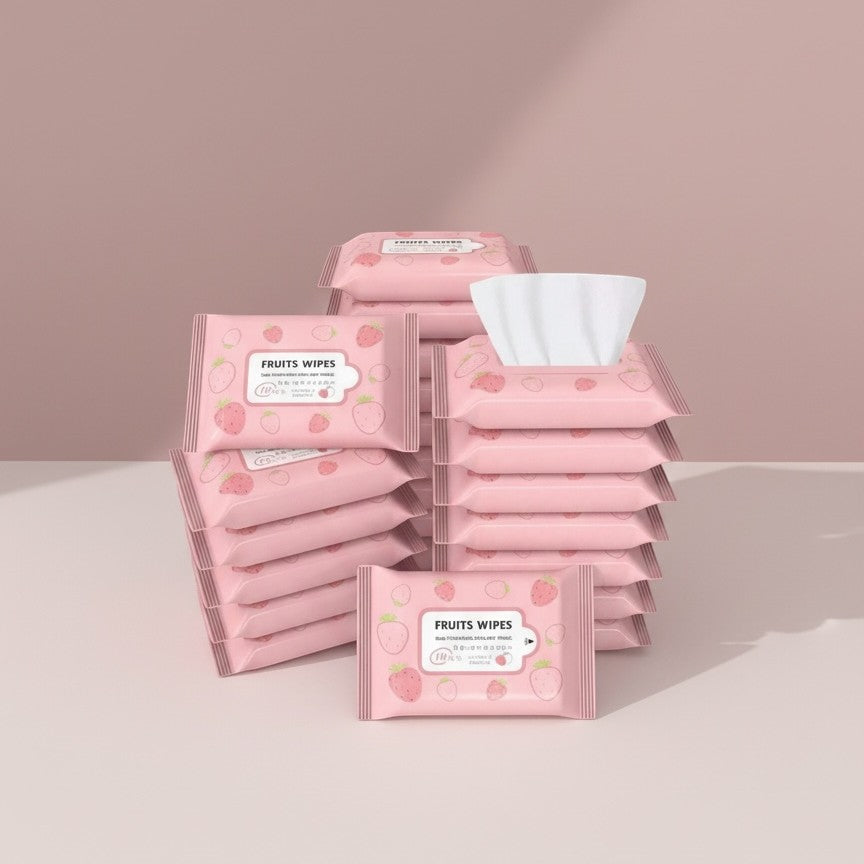 Bella Beauté strawberry fruit wipes, travel size, pink packaging with strawberry print, infused with Vitamin C & E.