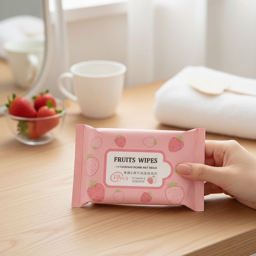 Bella Beauté pink strawberry fruit wipes travel size pack with 10 pcs, infused with Vitamin C essence.