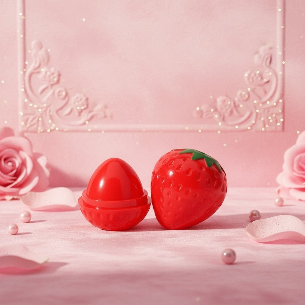 Bella Beauté strawberry-shaped lip balm tint in red, offering deep moisturization and a natural red tint. Vegan-friendly.