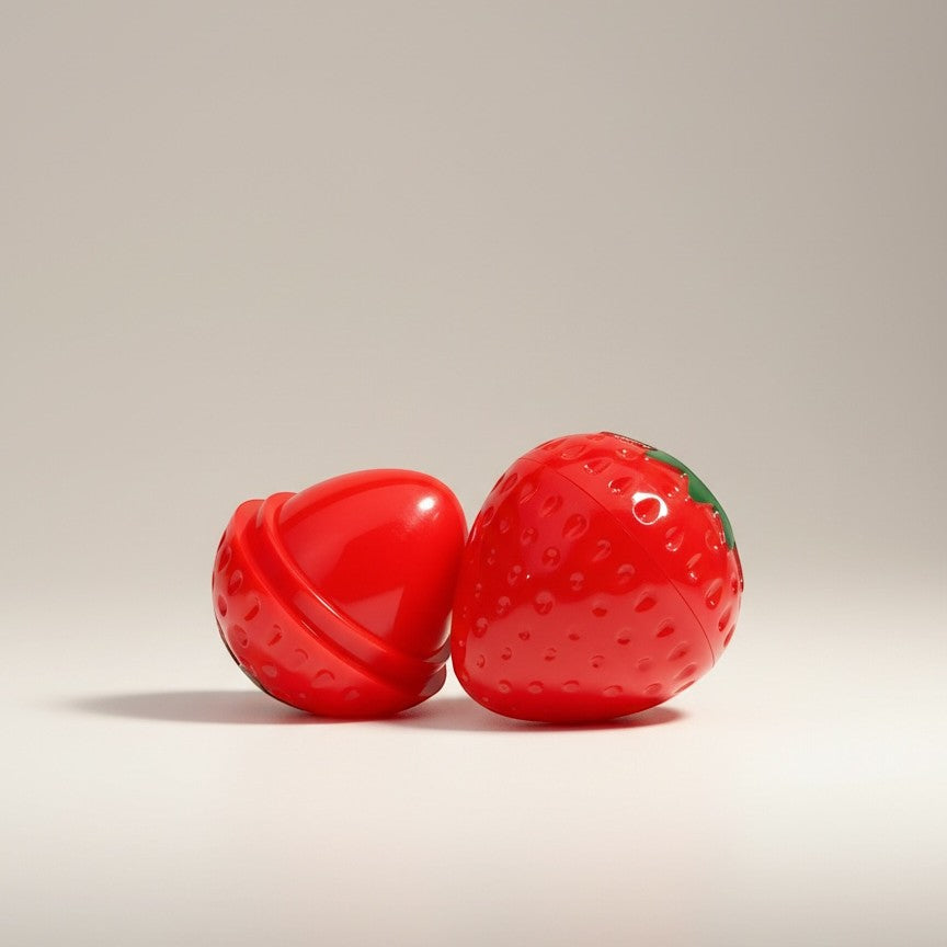 Bella Beauté Strawberry Glow Lip Balm Tint in cute strawberry-shaped packaging, providing natural red tint and deep moisture.