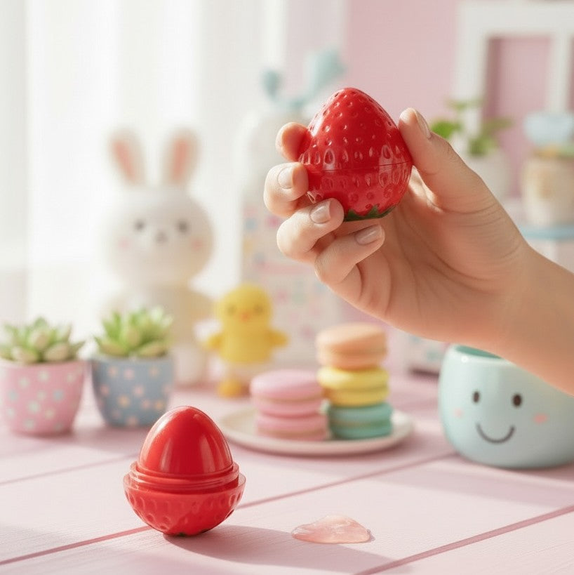 Bella Beauté Strawberry Glow Lip Balm Tint in cute strawberry-shaped packaging, providing natural red tint and deep moisture.